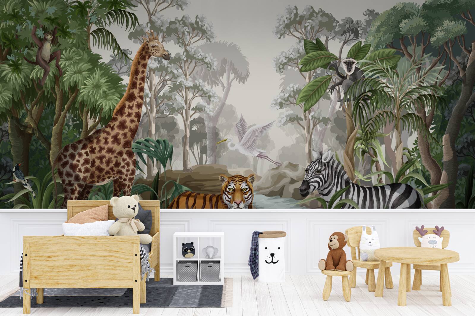 Fotobehang Giraffe, tijger en zebra in het regenwoud