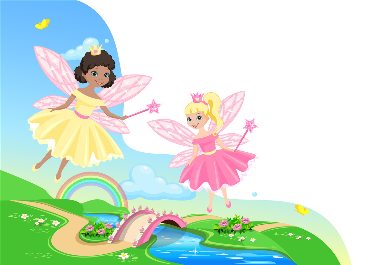 Fotobehang magische feeën over de brugboog en regenboogboog