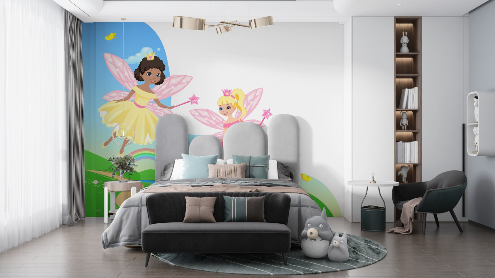 Fotobehang magische feeën over de brugboog en regenboogboog