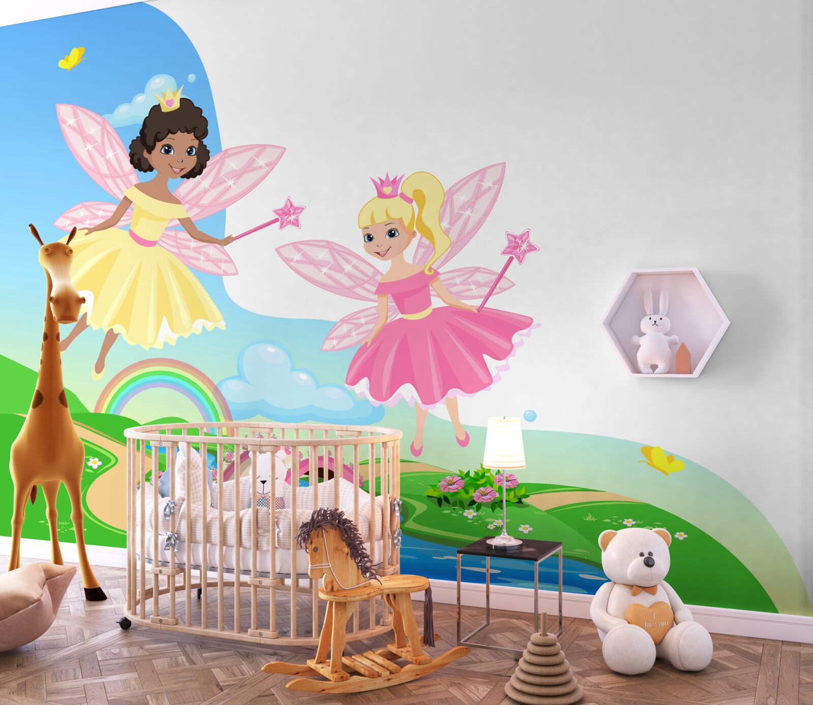 Fotobehang magische feeën over de brugboog en regenboogboog