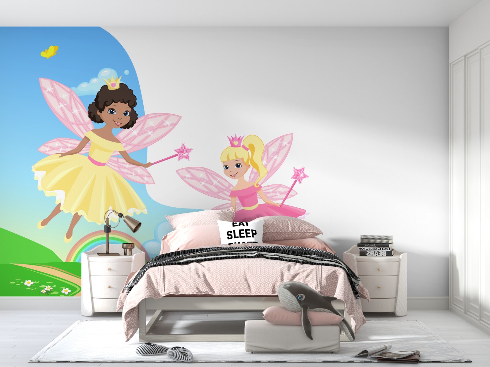 Fotobehang magische feeën over de brugboog en regenboogboog