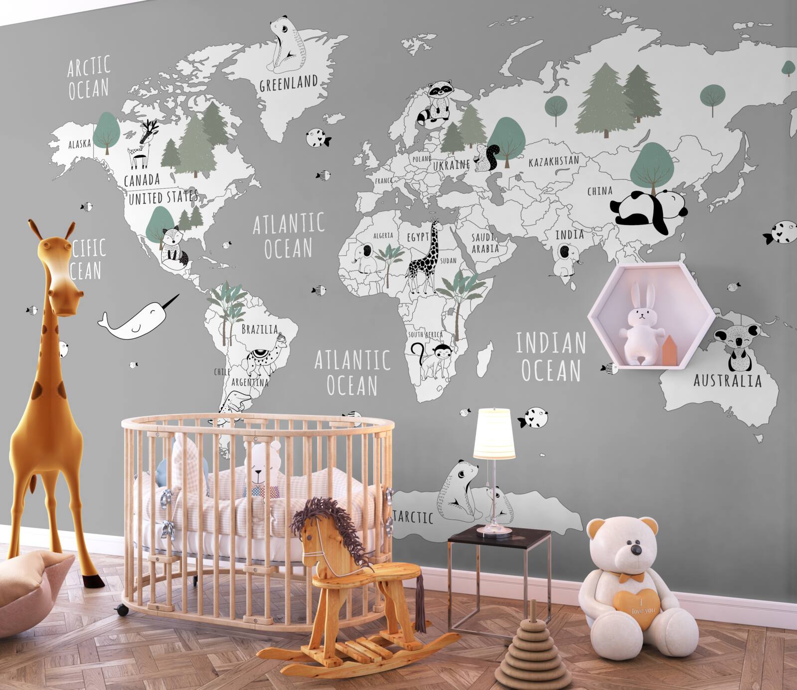 Fotobehang wereldkaart in wit, versierd met panda's