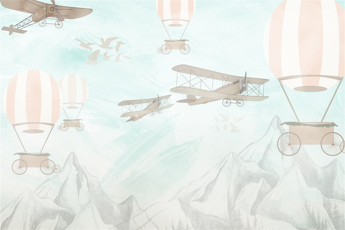 Fotobehang ballonnen en vliegtuigen vliegen over de bergen