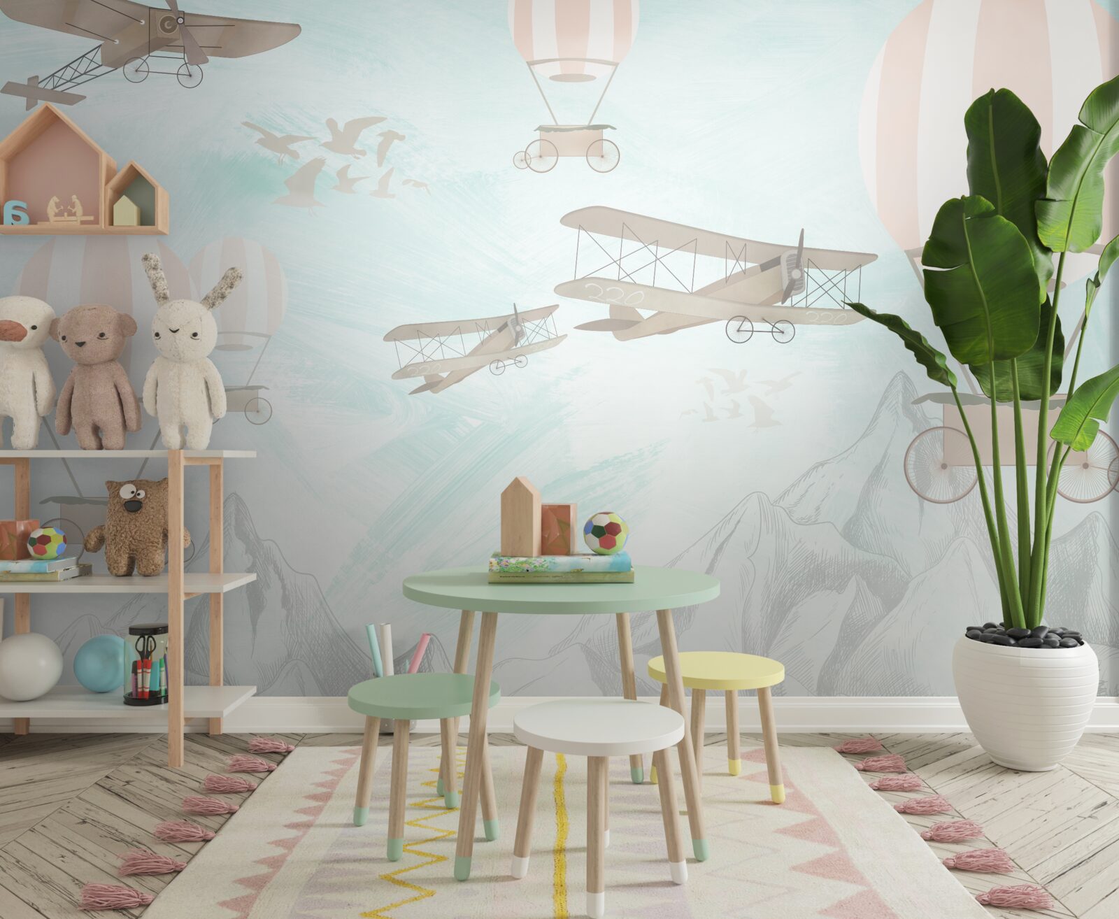 Fotobehang ballonnen en vliegtuigen vliegen over de bergen