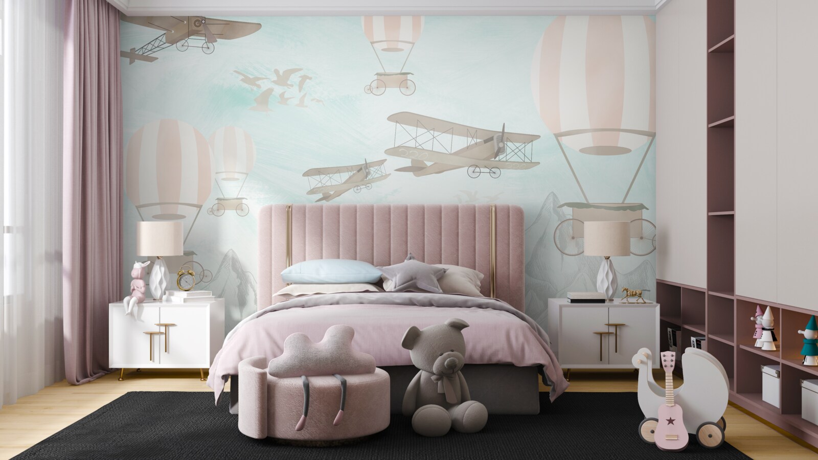 Fotobehang ballonnen en vliegtuigen vliegen over de bergen