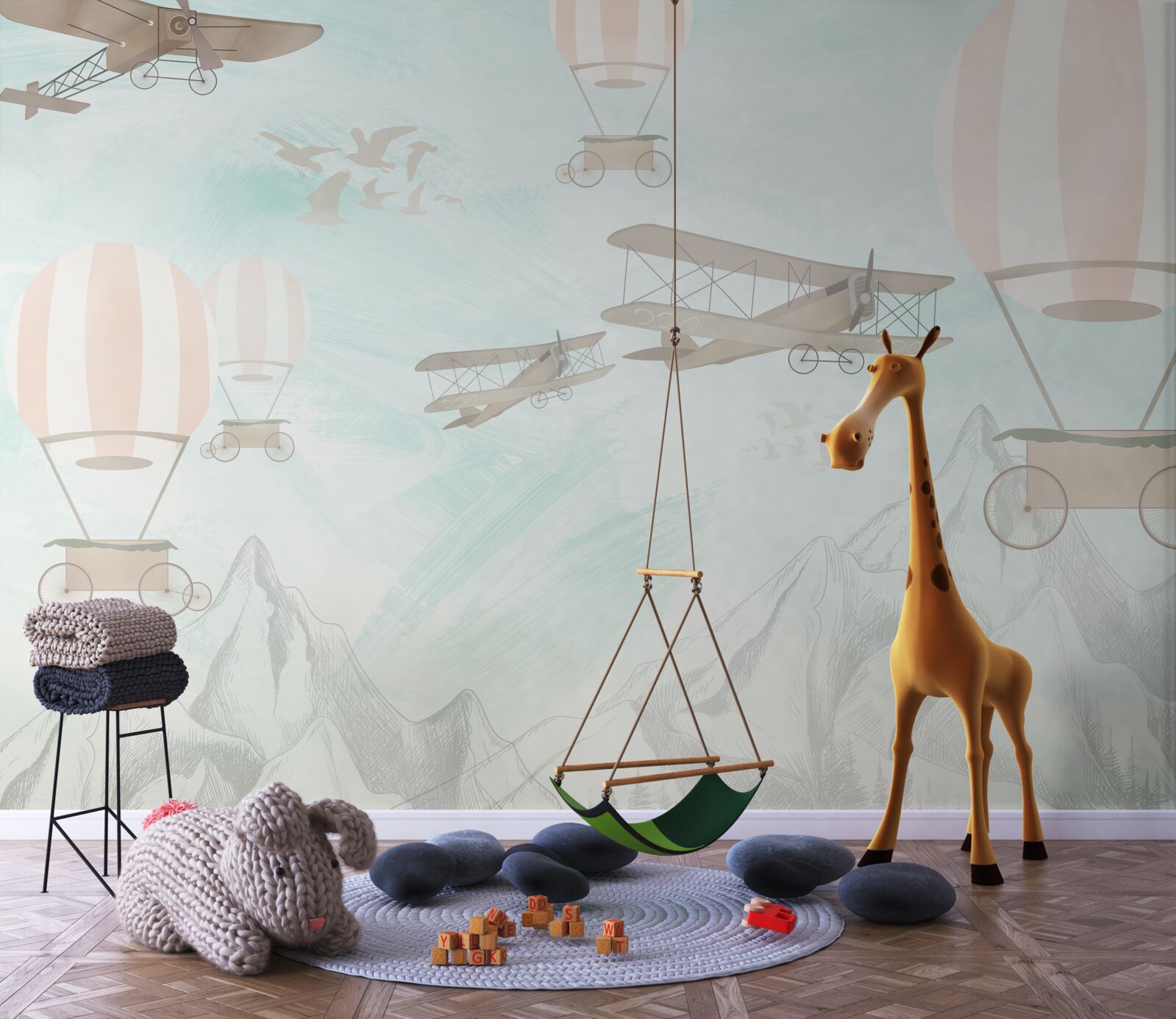 Fotobehang ballonnen en vliegtuigen vliegen over de bergen