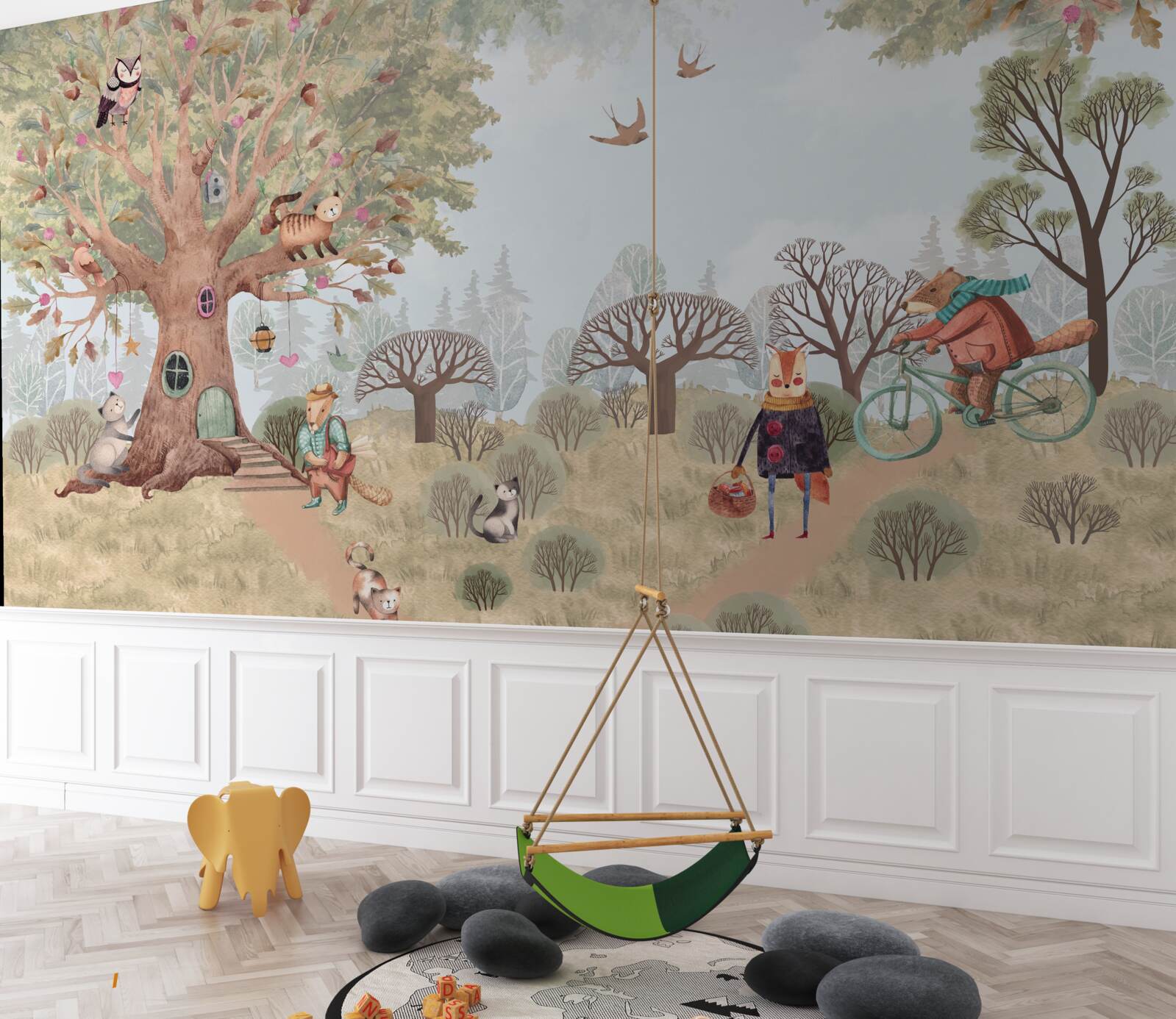 Fotobehang een dierenhuis in een magische boom