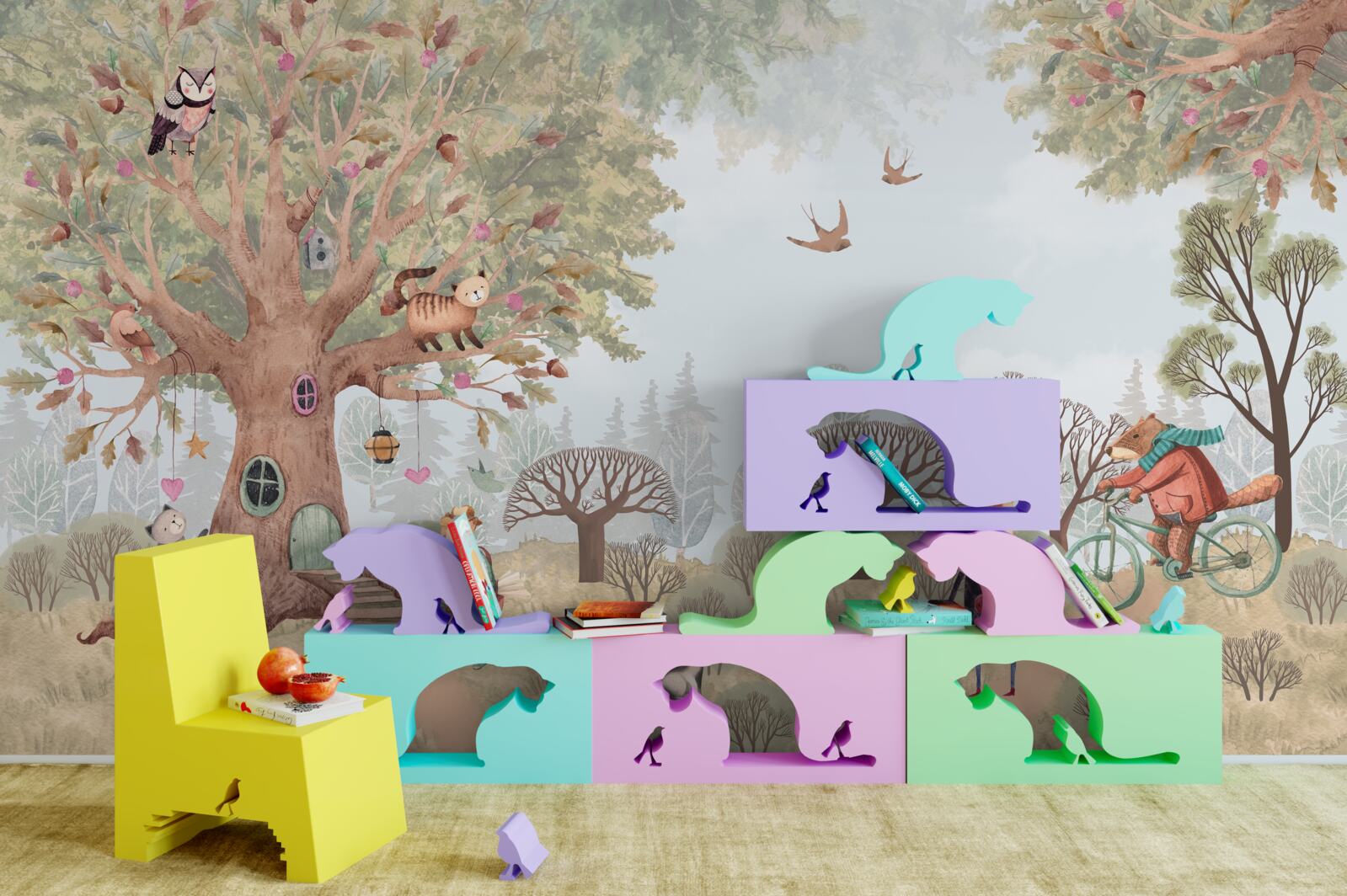 Fotobehang een dierenhuis in een magische boom