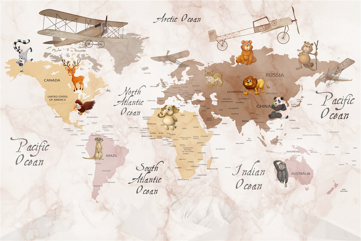 Fotobehang wereldkaart en belangrijkste bewoners van de continenten