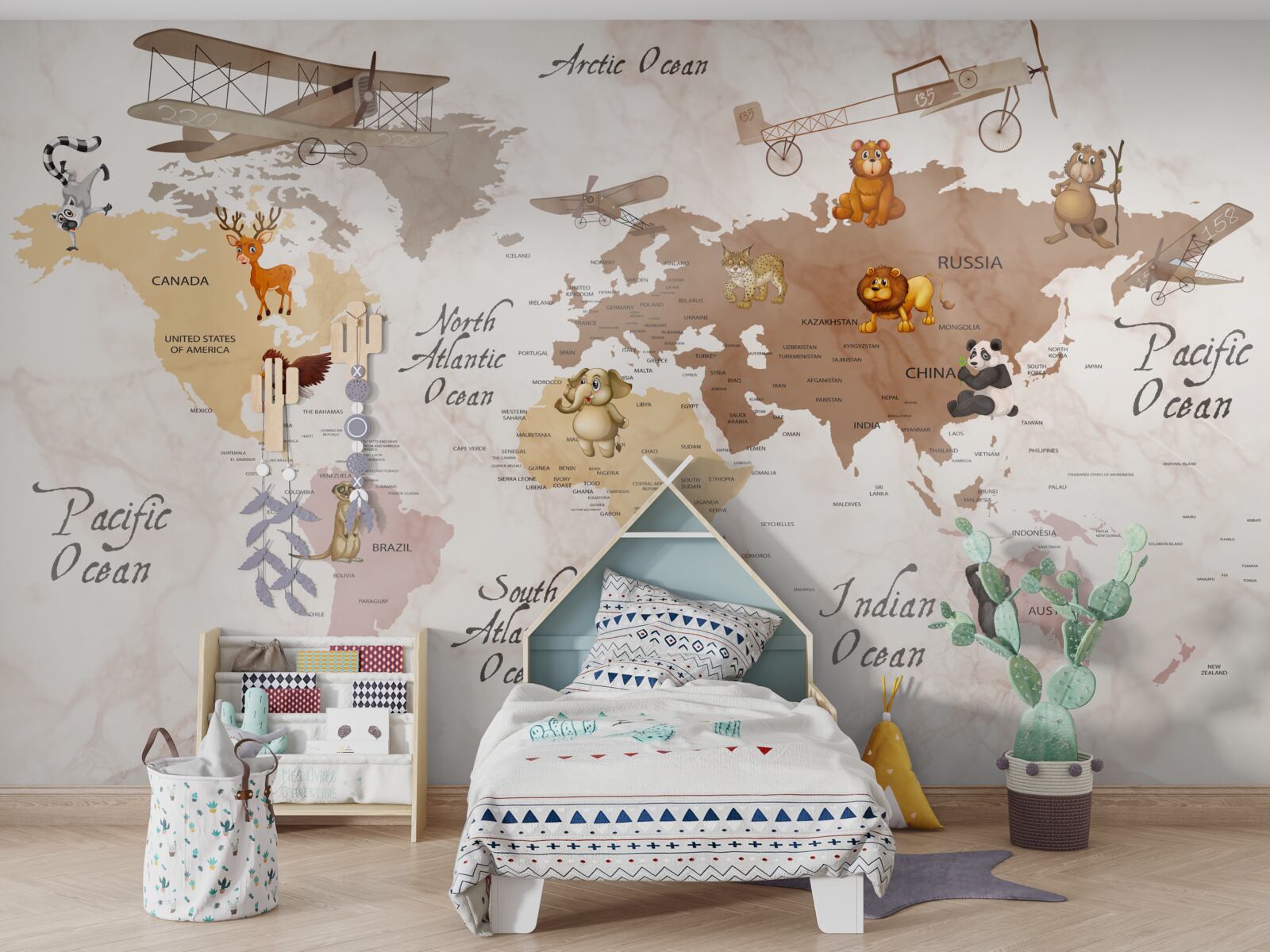 Fotobehang wereldkaart en belangrijkste bewoners van de continenten