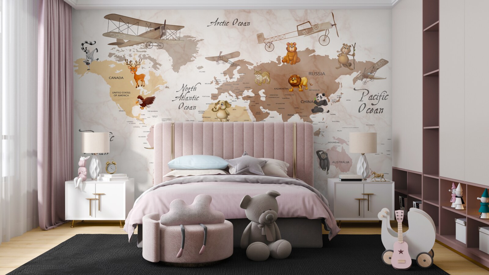 Fotobehang wereldkaart en belangrijkste bewoners van de continenten