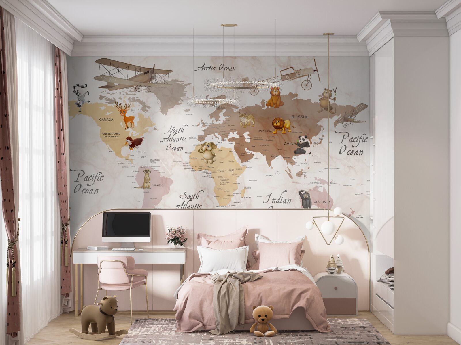 Fotobehang wereldkaart en belangrijkste bewoners van de continenten