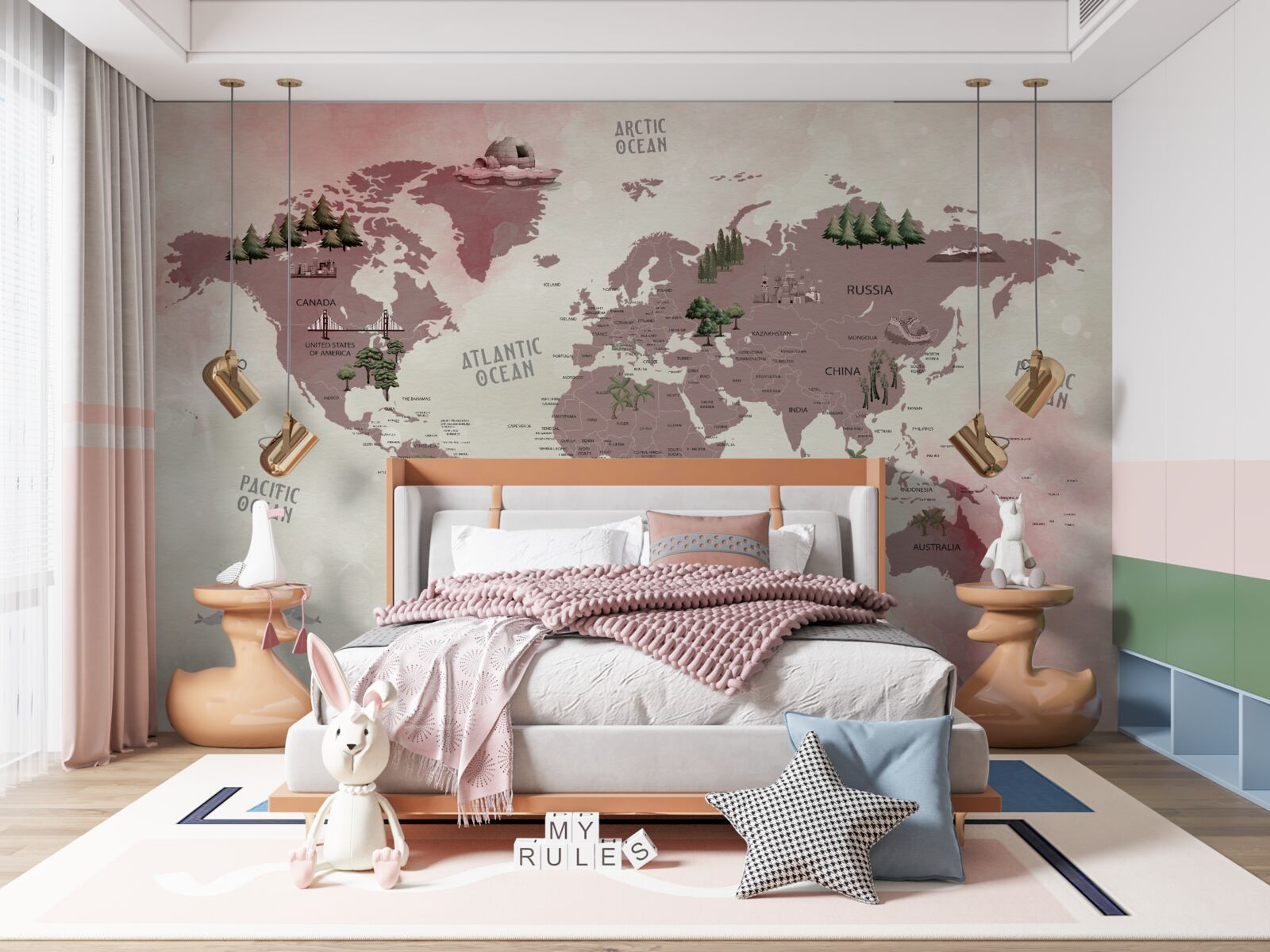 Fotobehang kaart van de wereld met bossen gemarkeerd