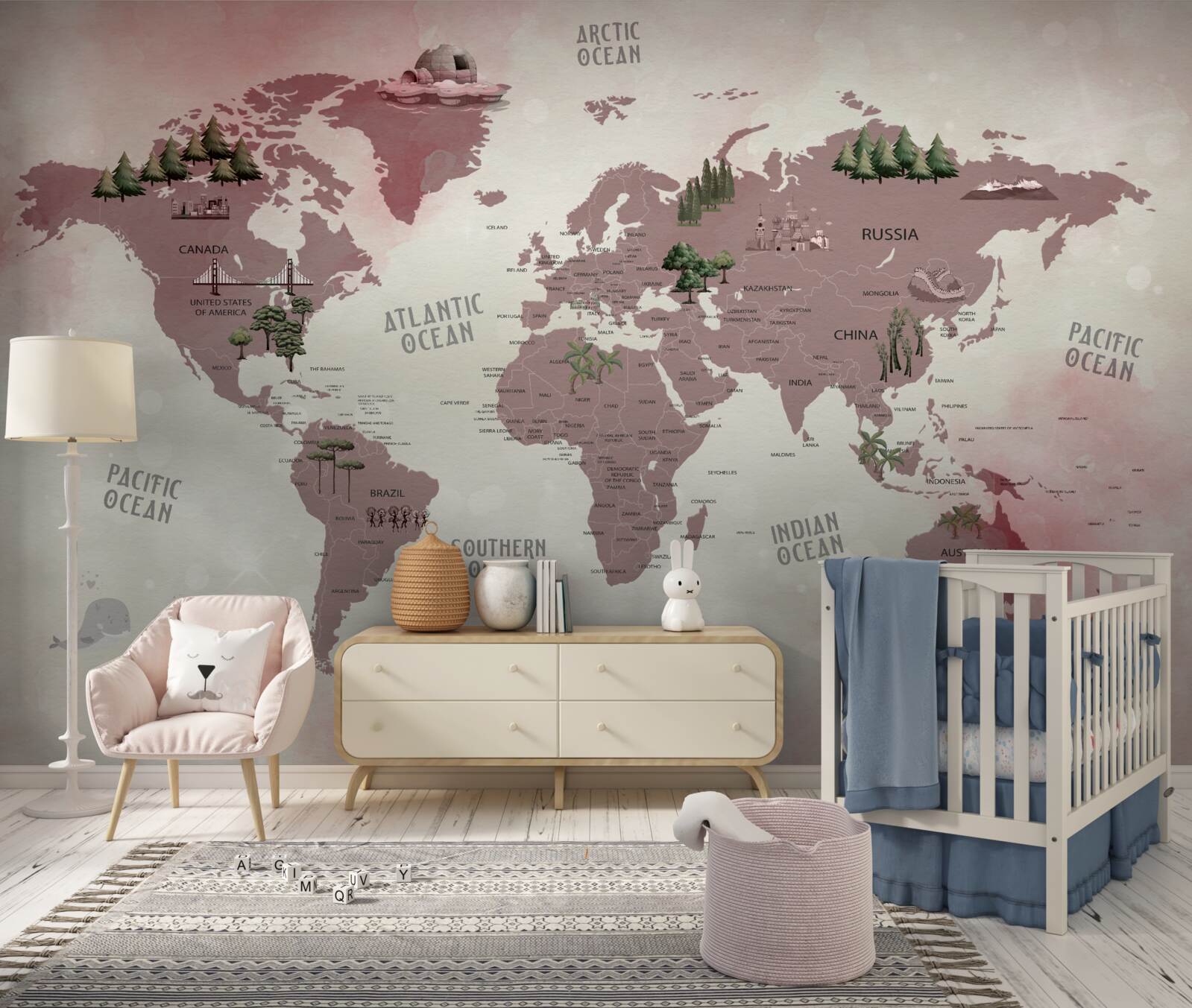 Fotobehang kaart van de wereld met bossen gemarkeerd