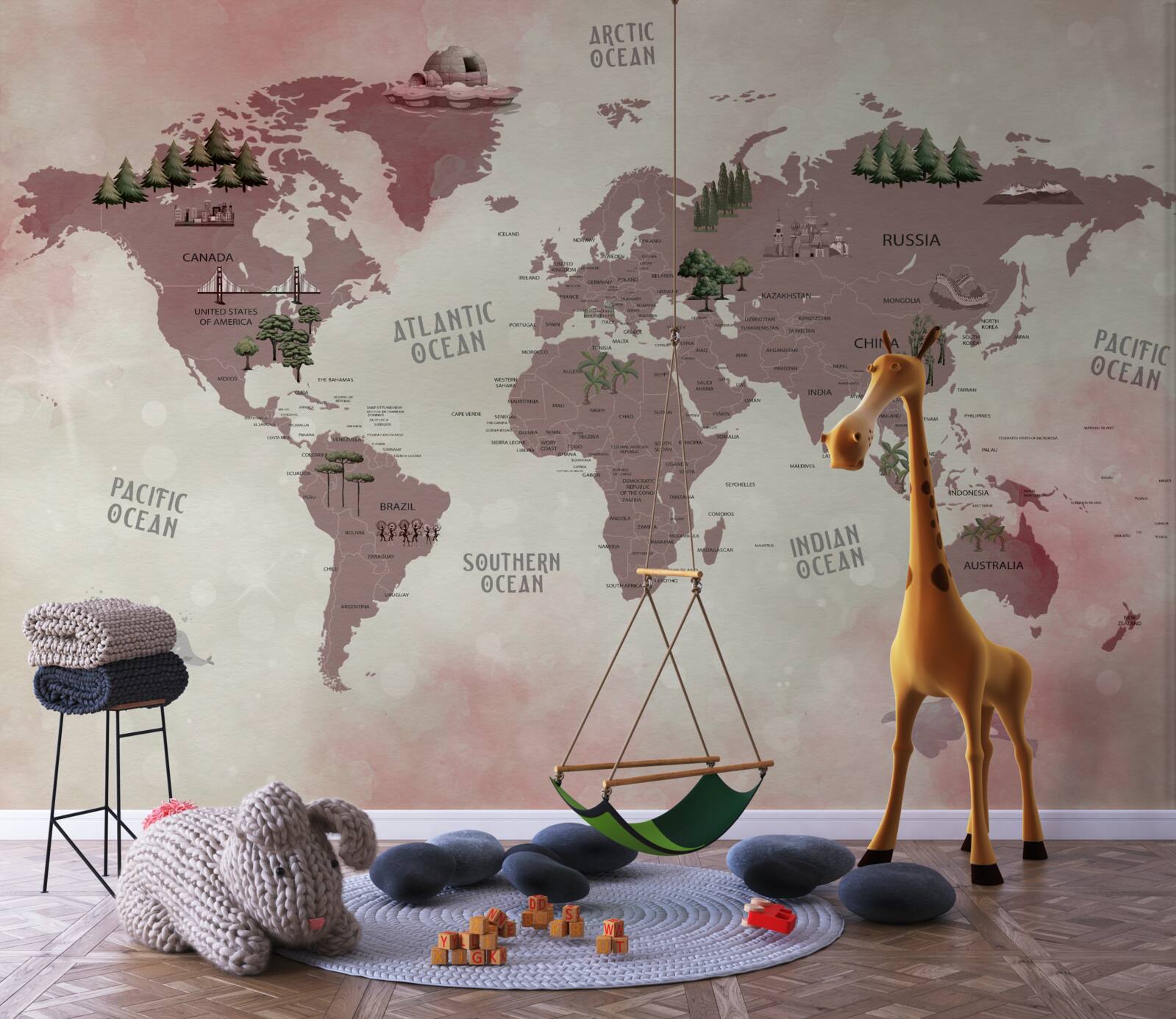 Fotobehang kaart van de wereld met bossen gemarkeerd