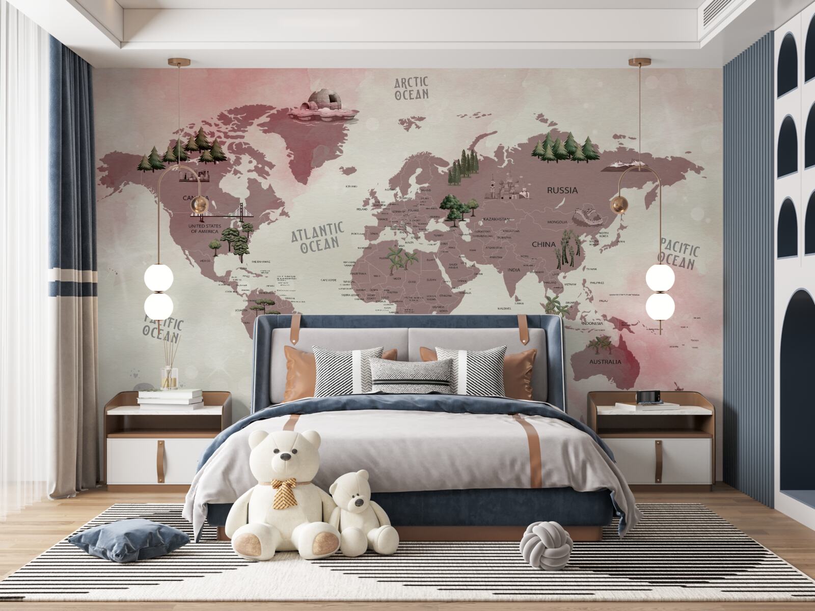 Fotobehang kaart van de wereld met bossen gemarkeerd