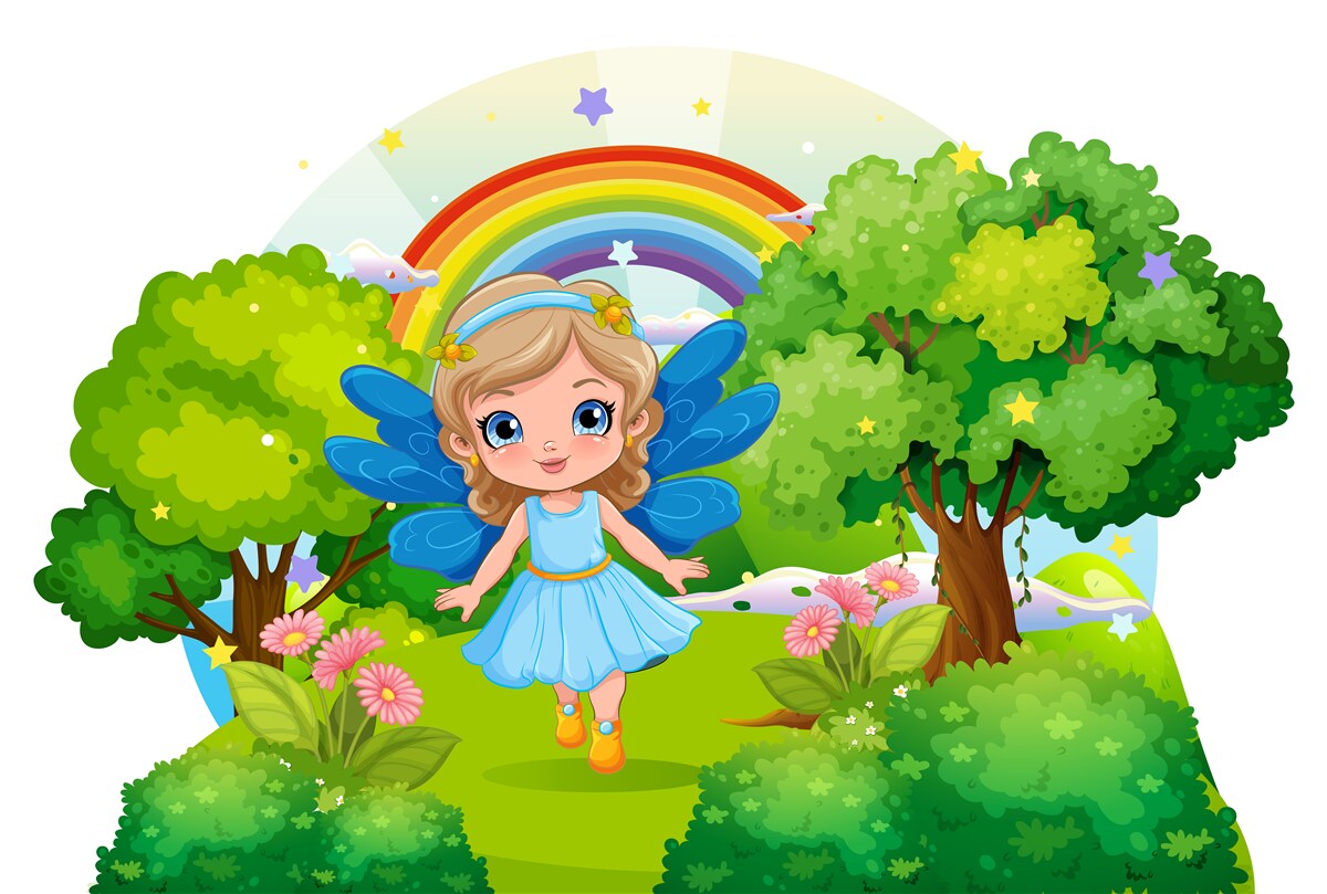 Fotobehang tovenares in de smaragdgroene tuin bij de regenboog