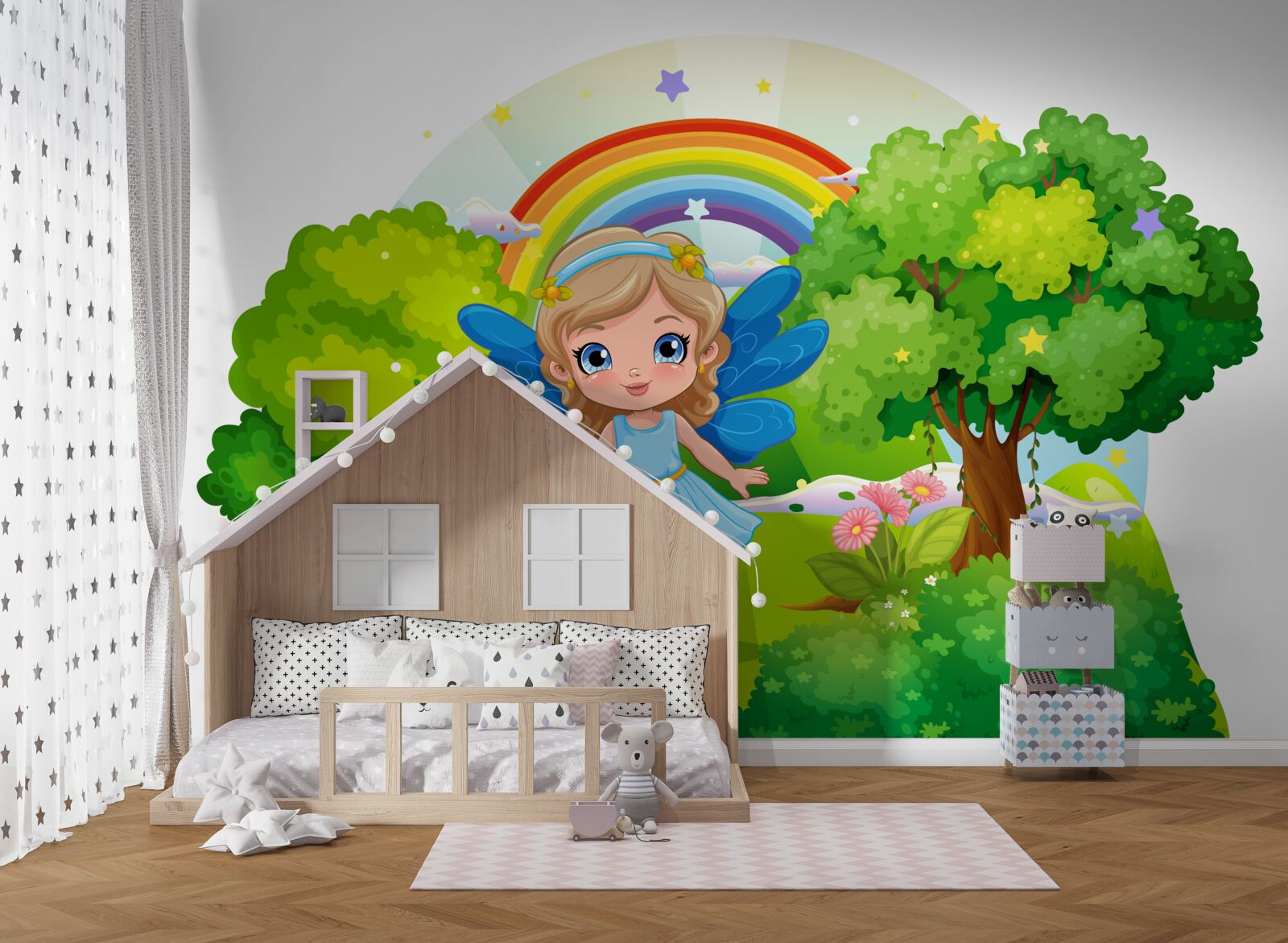 Fotobehang tovenares in de smaragdgroene tuin bij de regenboog