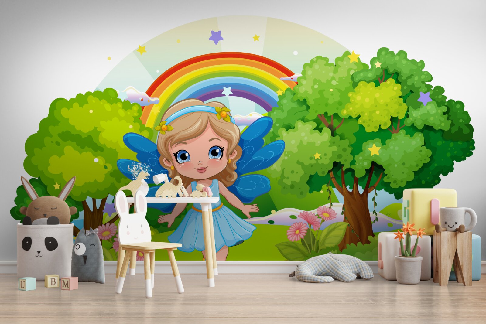 Fotobehang tovenares in de smaragdgroene tuin bij de regenboog