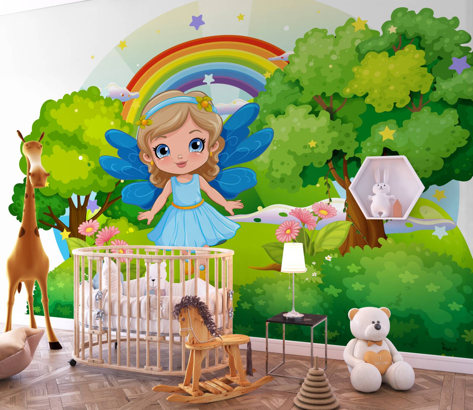 Fotobehang tovenares in de smaragdgroene tuin bij de regenboog