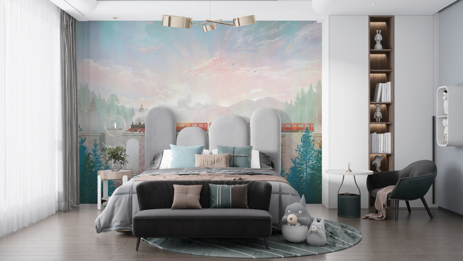 Fotobehang een trein rijdt over de brug