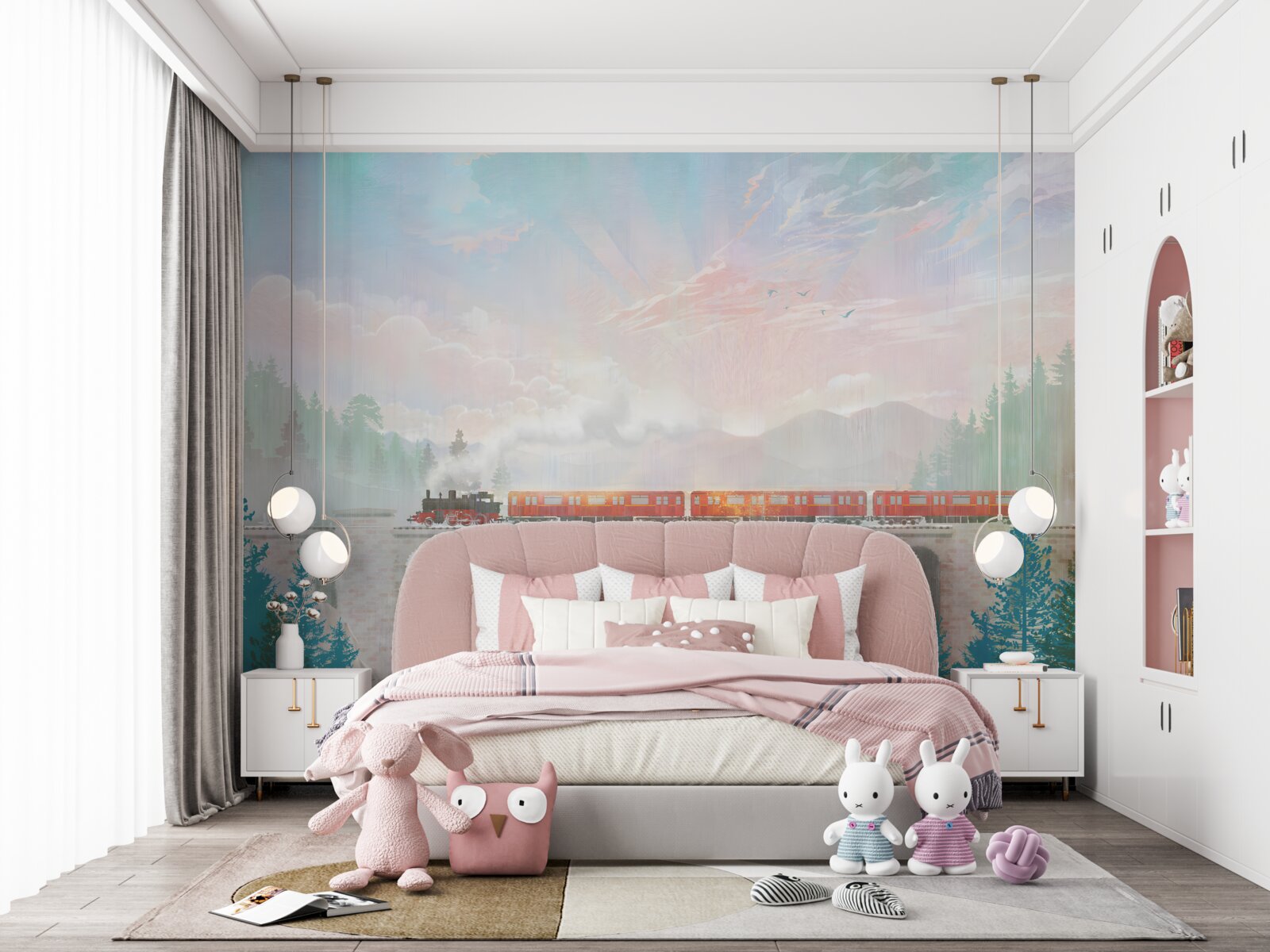 Fotobehang een trein rijdt over de brug