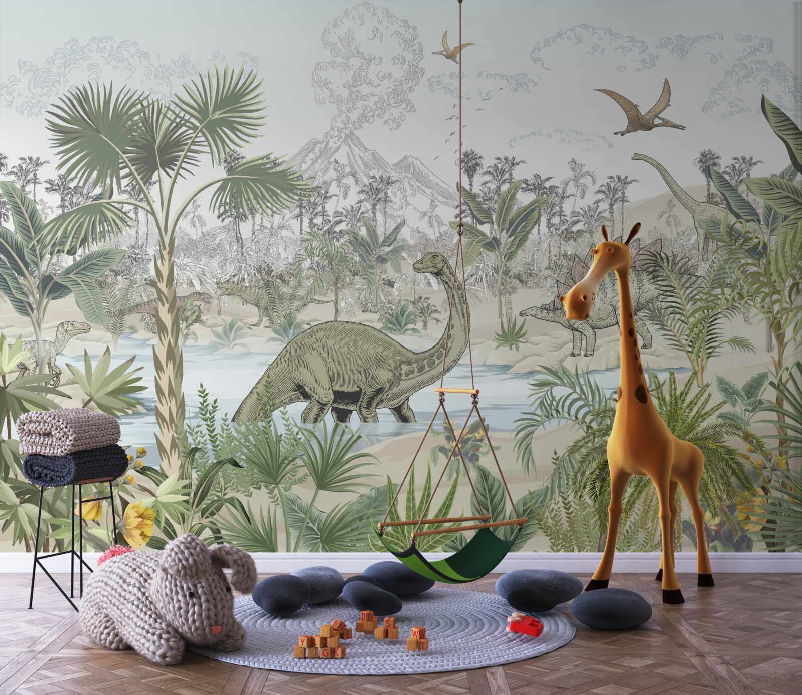 Fotobehang er zijn dinosaurussen in het bos bij het water