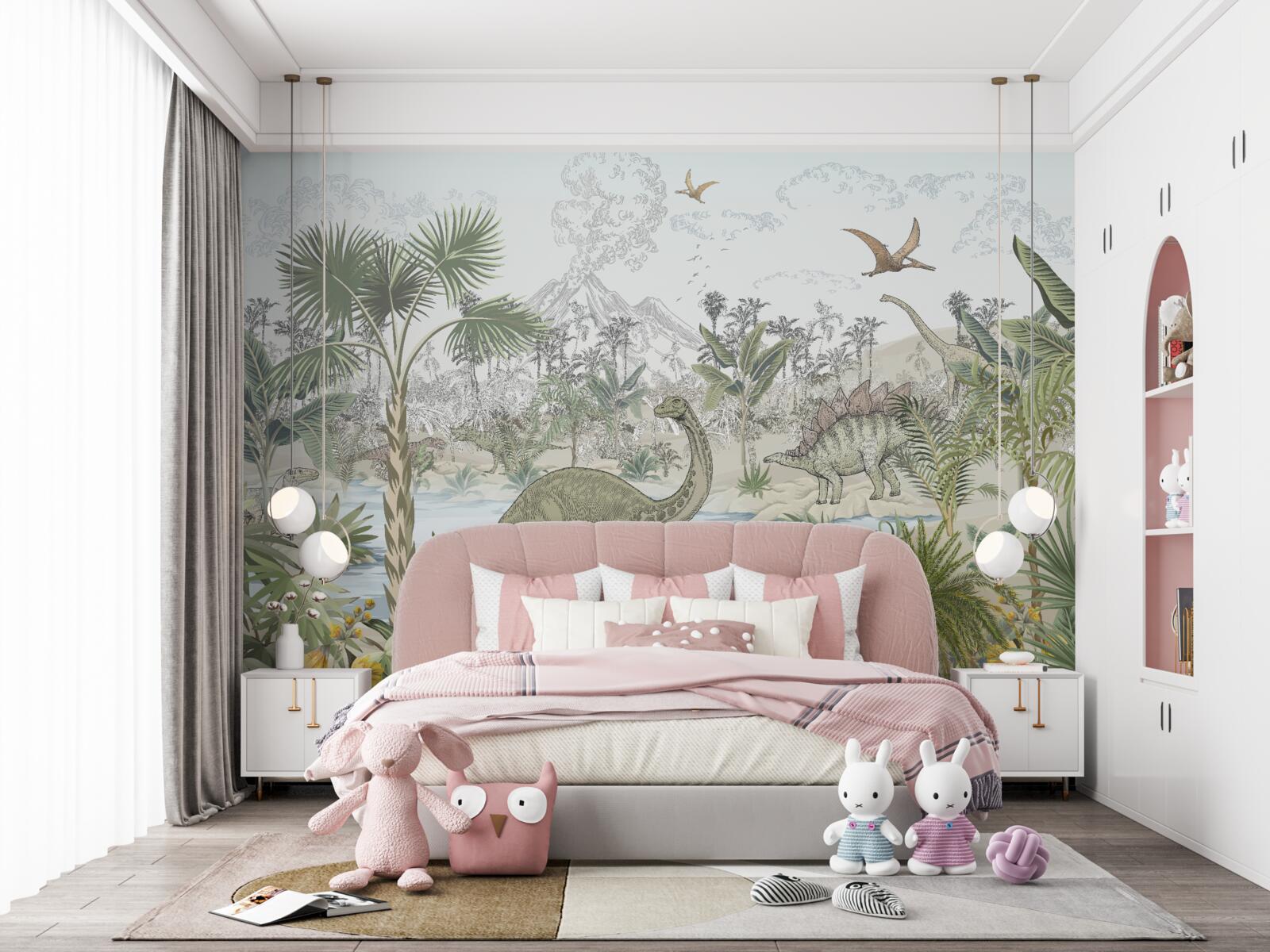 Fotobehang er zijn dinosaurussen in het bos bij het water