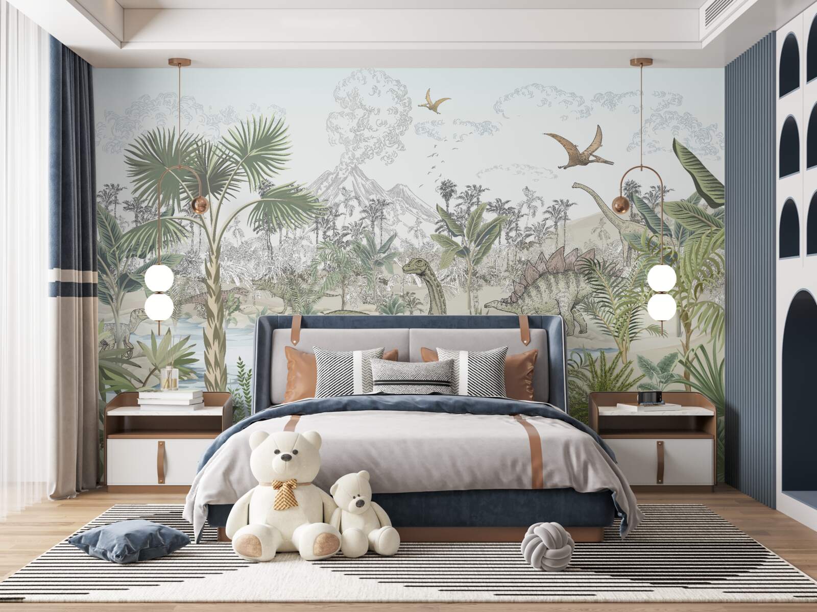 Fotobehang er zijn dinosaurussen in het bos bij het water