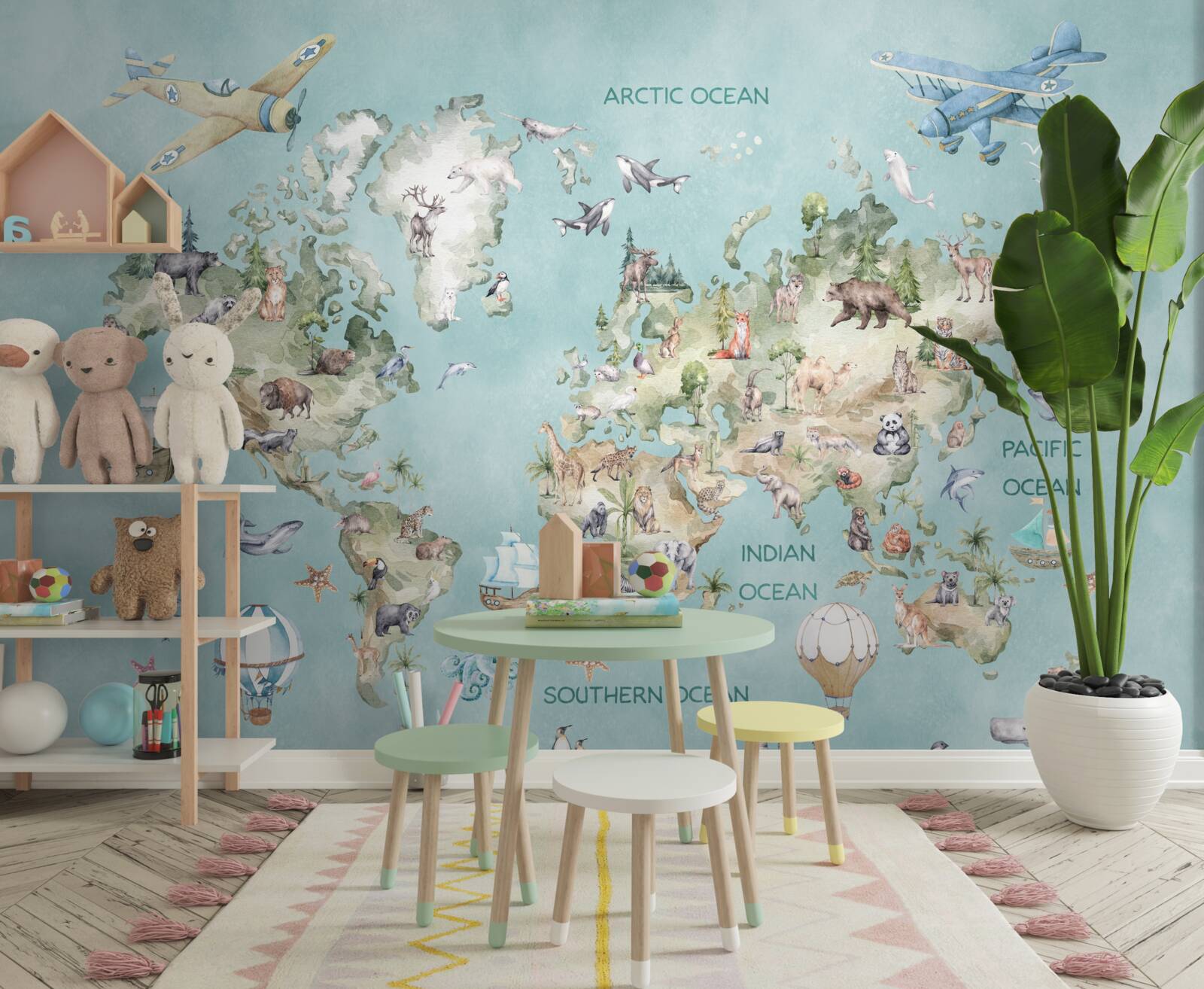 Fotobehang wereldkaart voor kinderen met oceanen