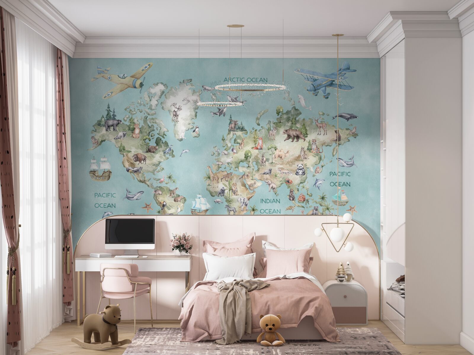 Fotobehang wereldkaart voor kinderen met oceanen