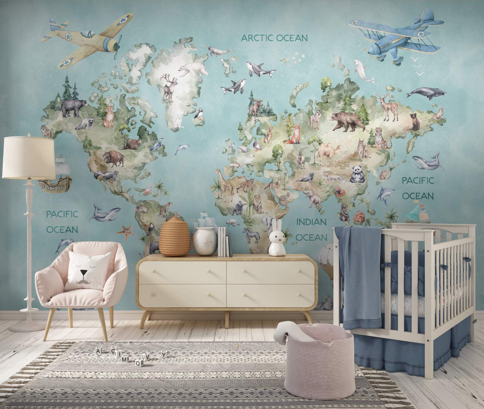 Fotobehang wereldkaart voor kinderen met oceanen