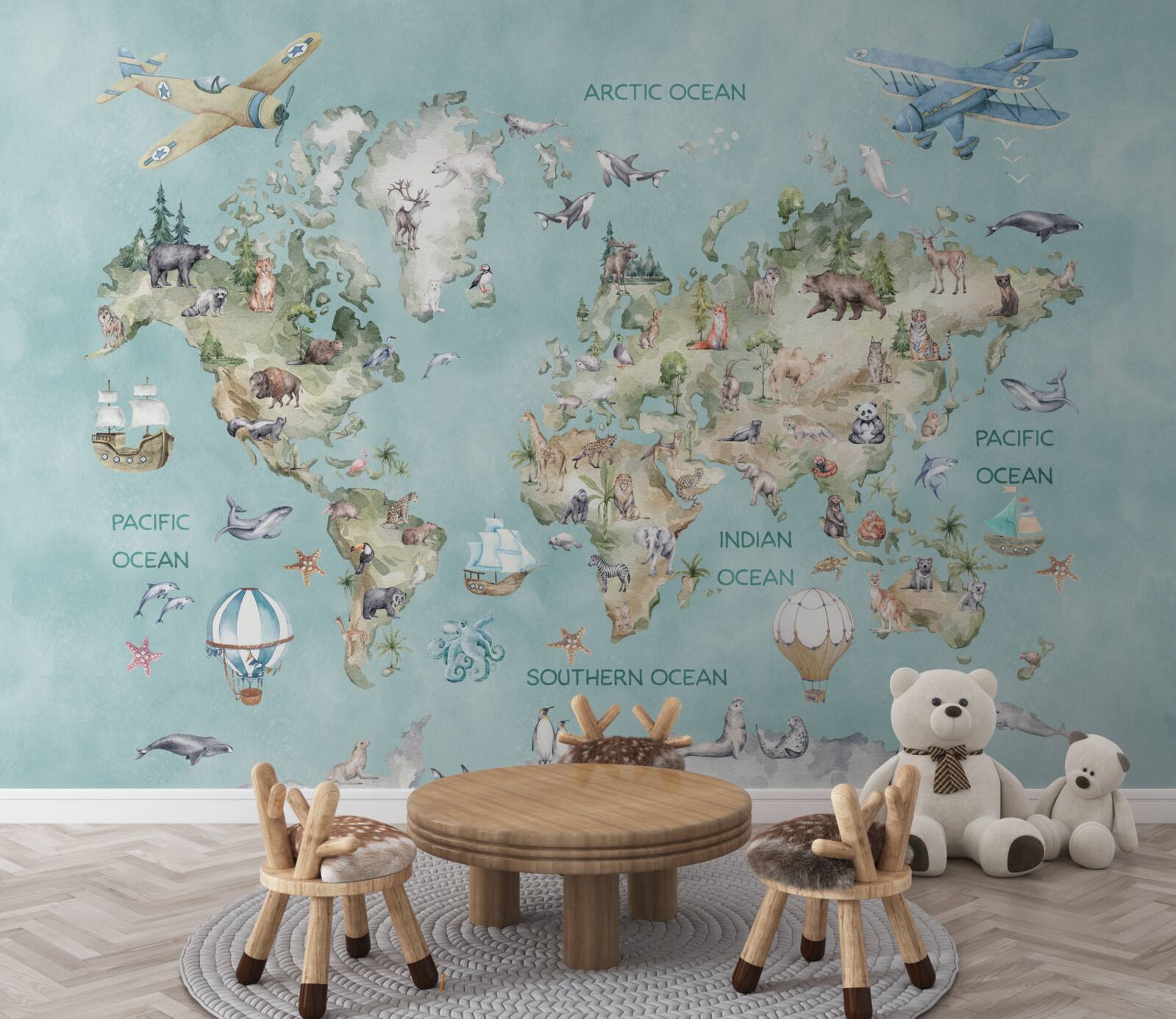 Fotobehang wereldkaart voor kinderen met oceanen