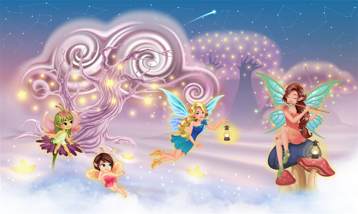 Fotobehang feeën vertellen sprookjes aan kinderen door middel van liedjes