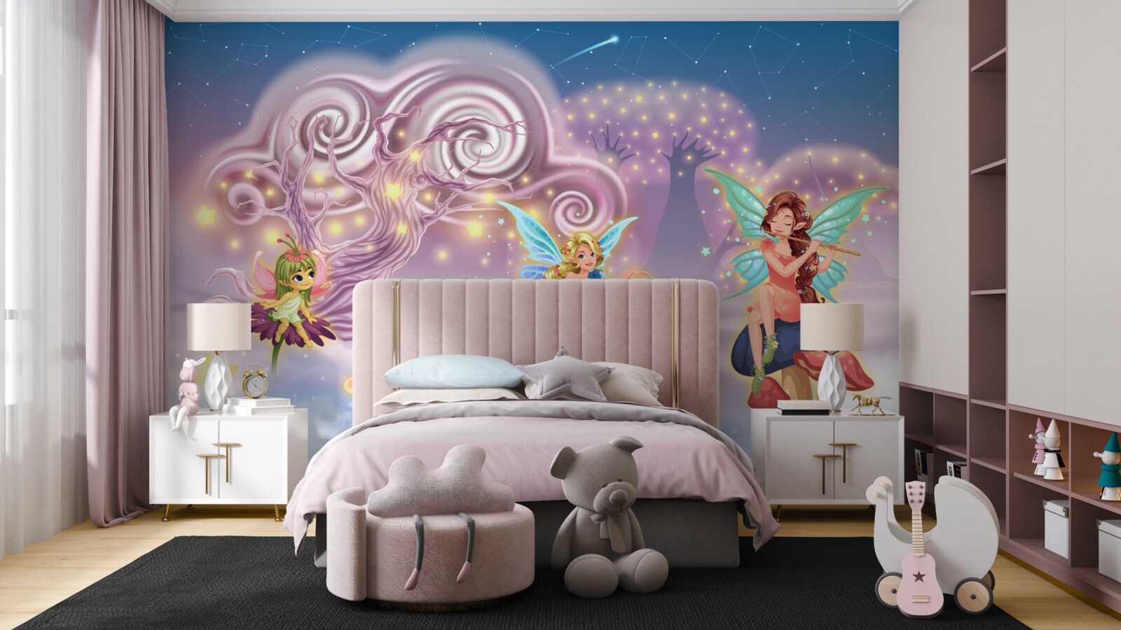 Fotobehang feeën vertellen sprookjes aan kinderen door middel van liedjes