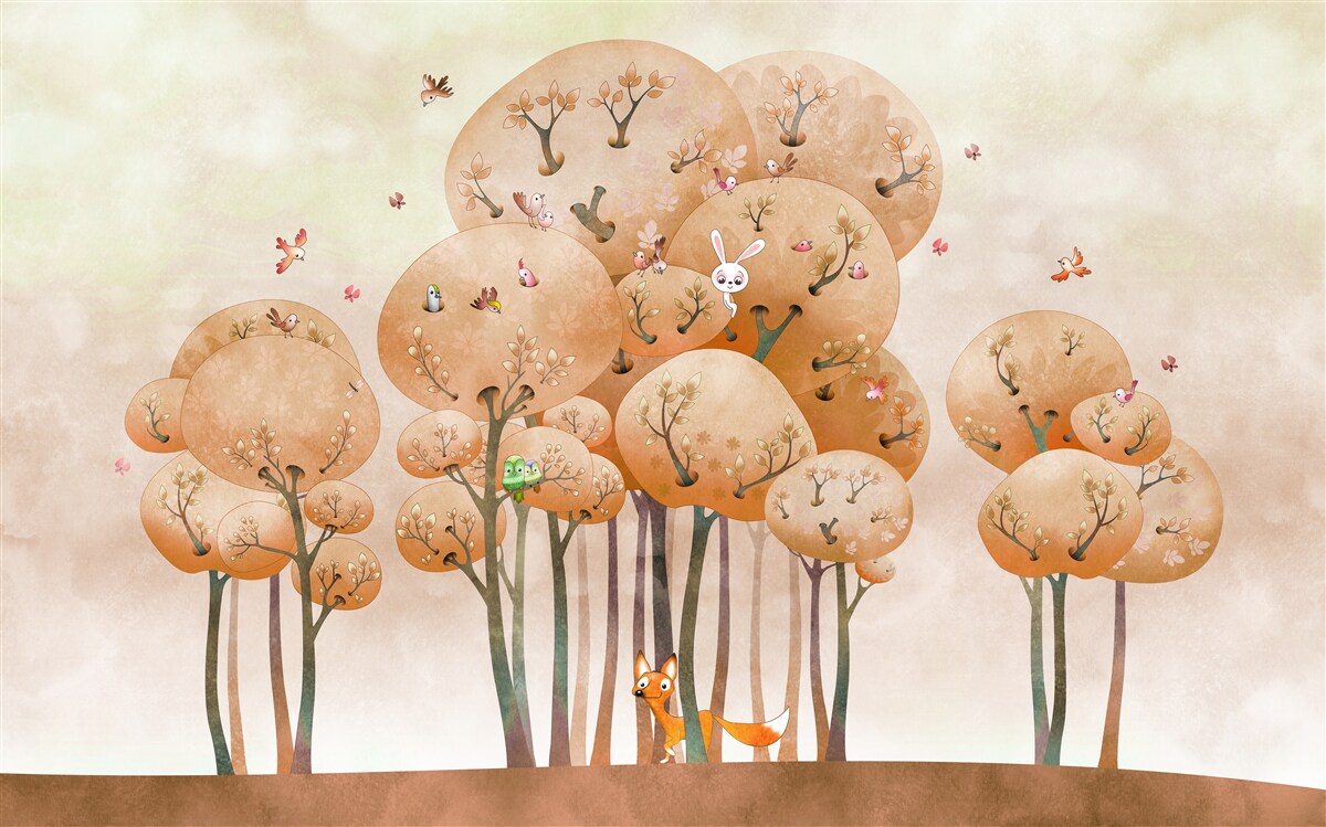 Fotobehang vos zoekt konijntje in boom