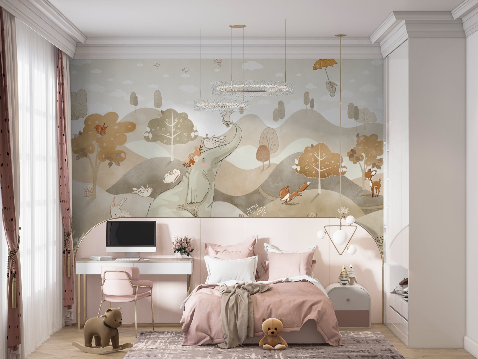 Fotobehang kleine olifant speelt met konijntjes