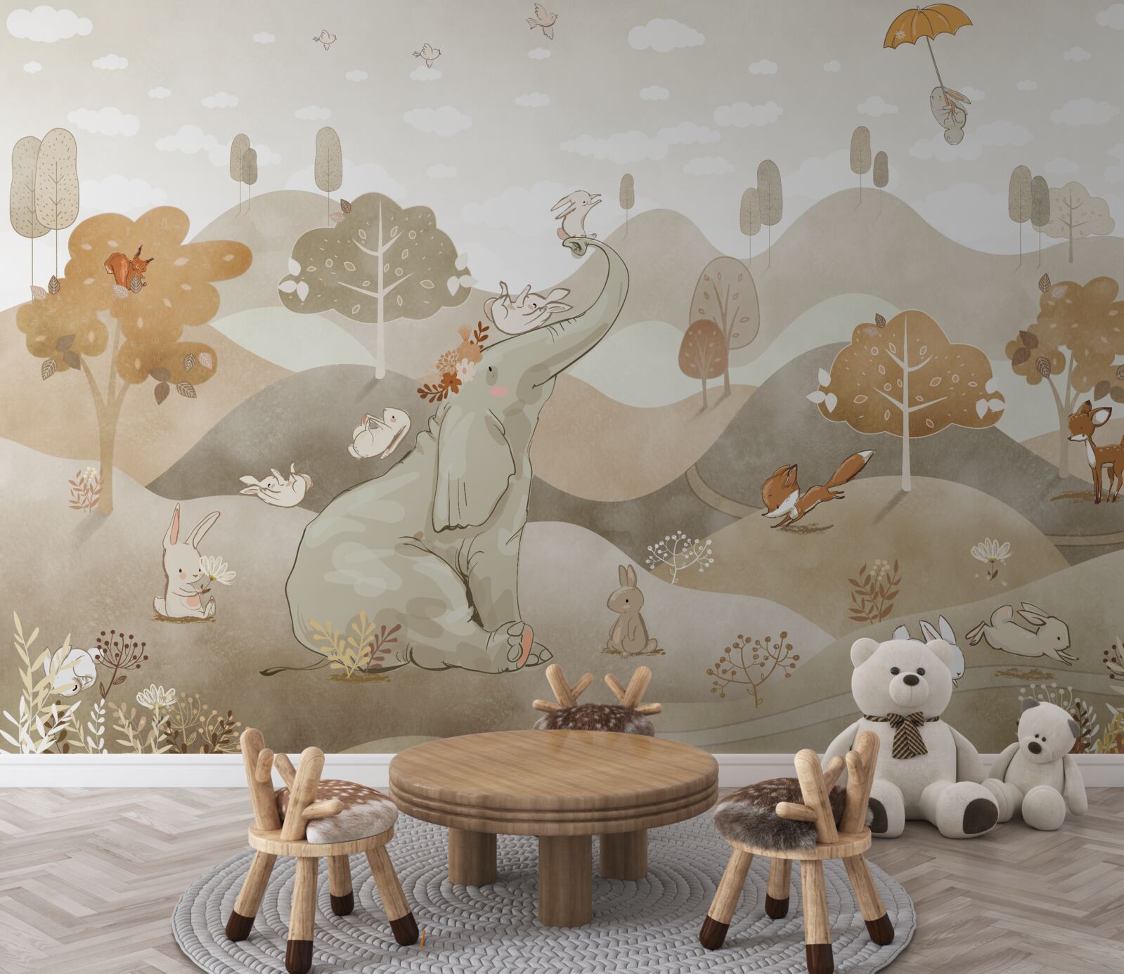 Fotobehang kleine olifant speelt met konijntjes