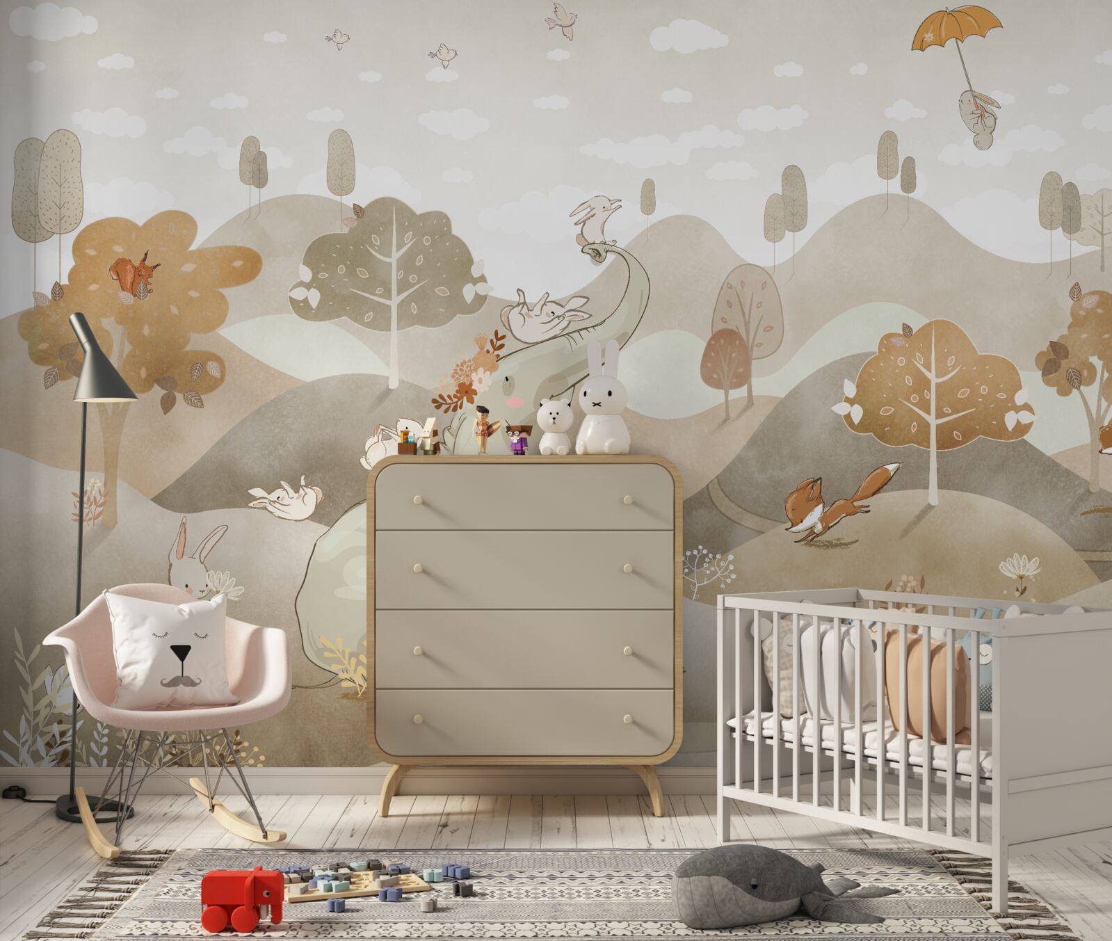 Fotobehang kleine olifant speelt met konijntjes