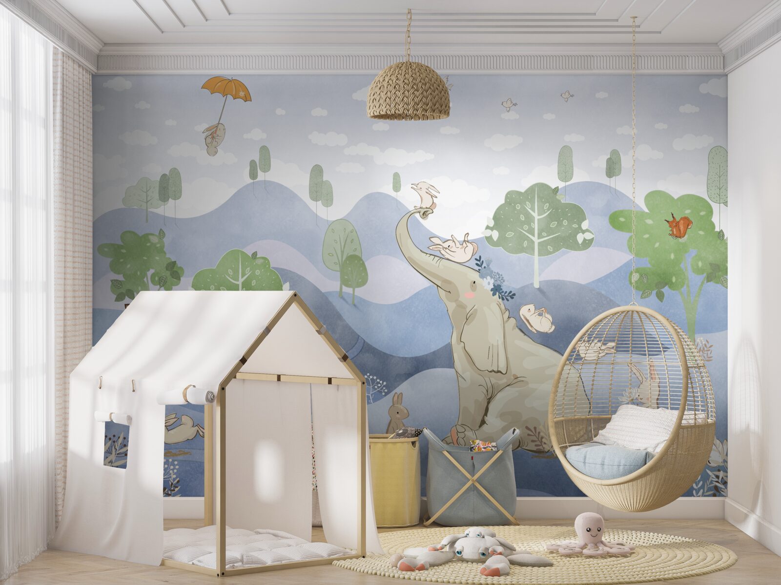 Fotobehang een babyolifant wandelt met zijn jongere vrienden