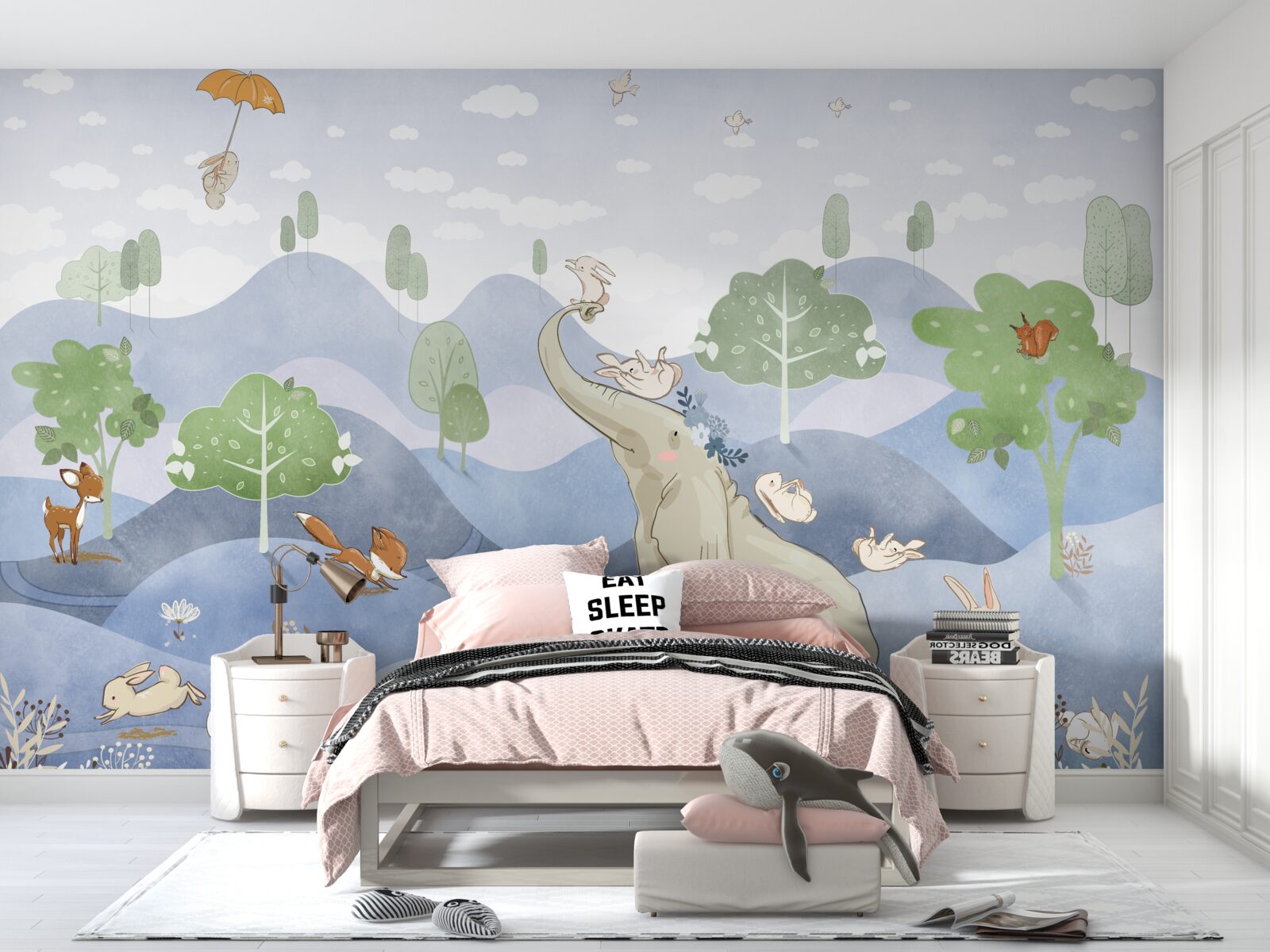 Fotobehang een babyolifant wandelt met zijn jongere vrienden