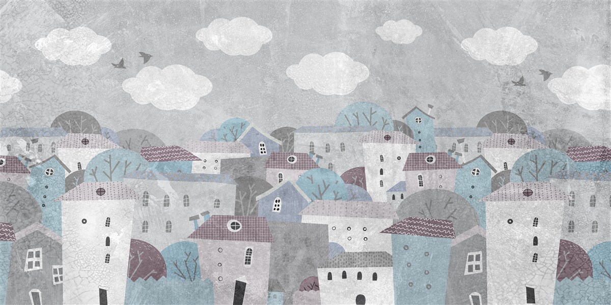 Fotobehang avond valt over de stad