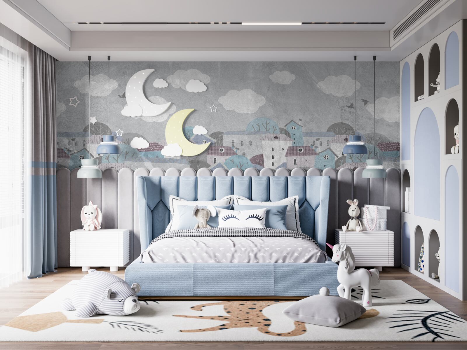 Fotobehang avond valt over de stad