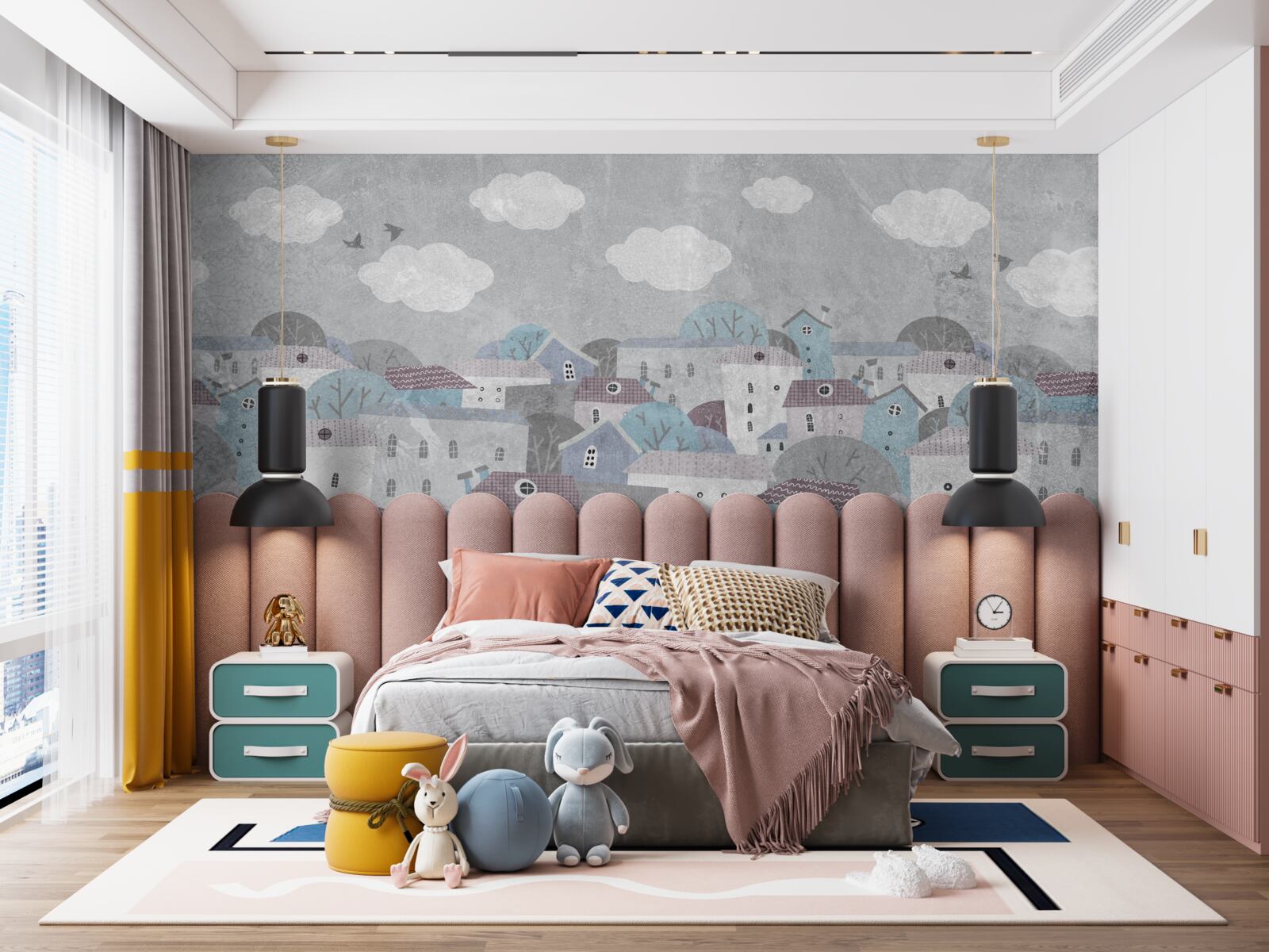 Fotobehang avond valt over de stad