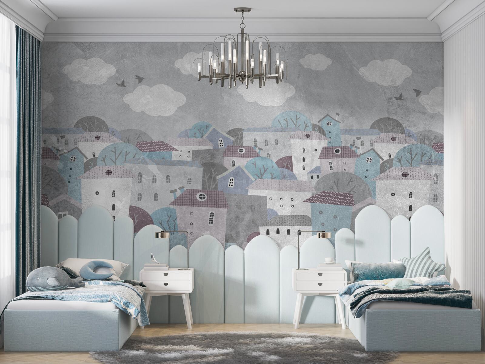 Fotobehang avond valt over de stad