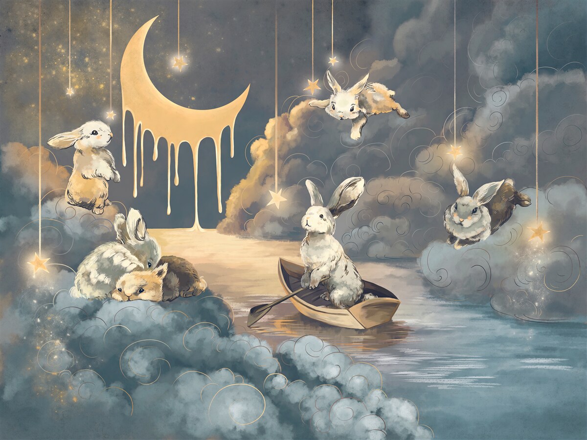 Fotobehang schattige konijntjes verschijnen in de nachtelijke hemel