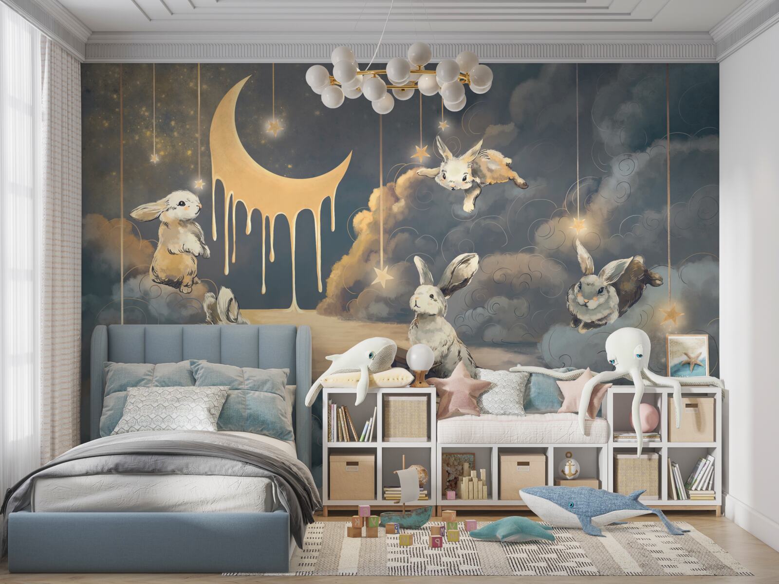 Fotobehang schattige konijntjes verschijnen in de nachtelijke hemel