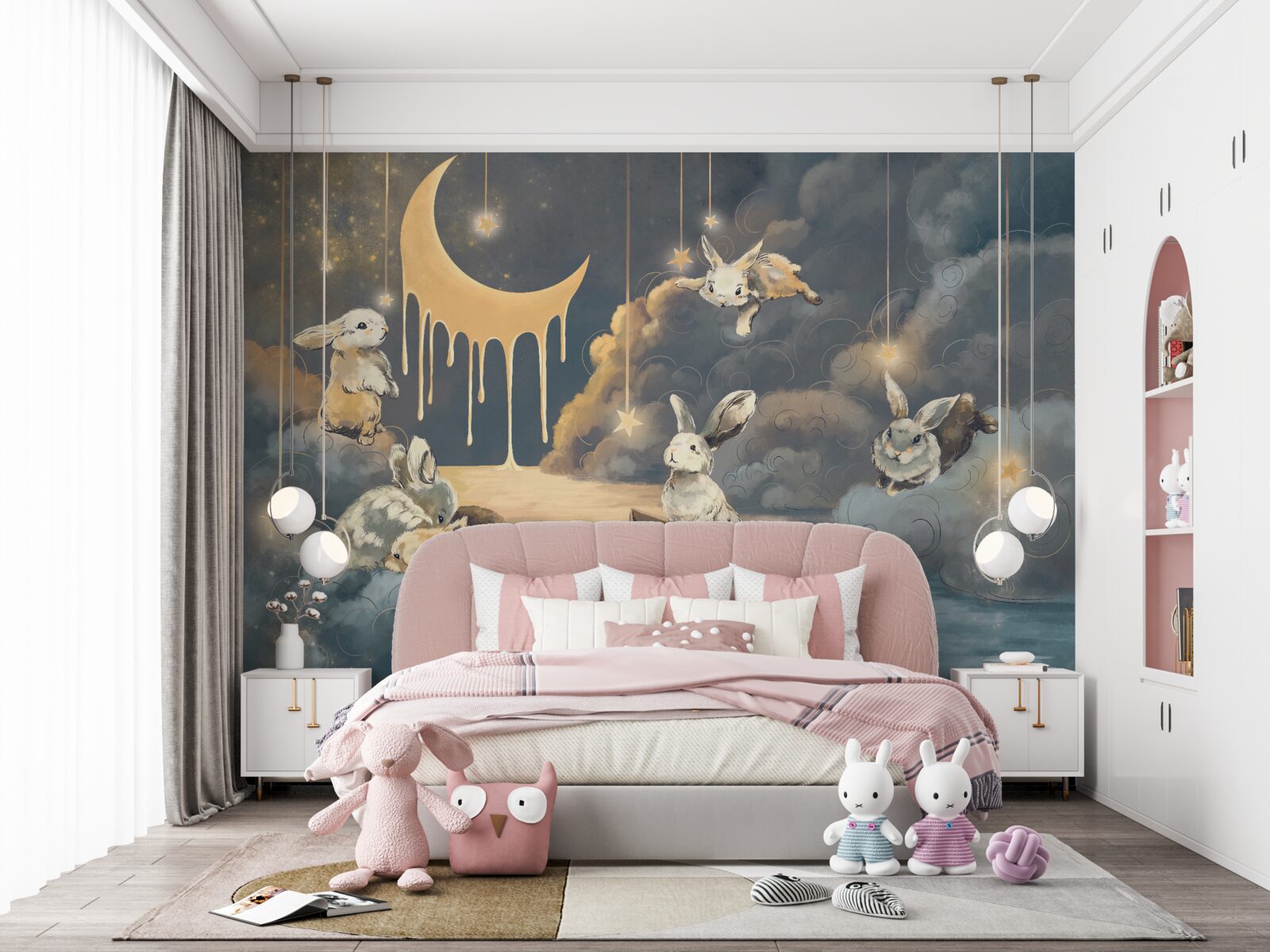 Fotobehang schattige konijntjes verschijnen in de nachtelijke hemel