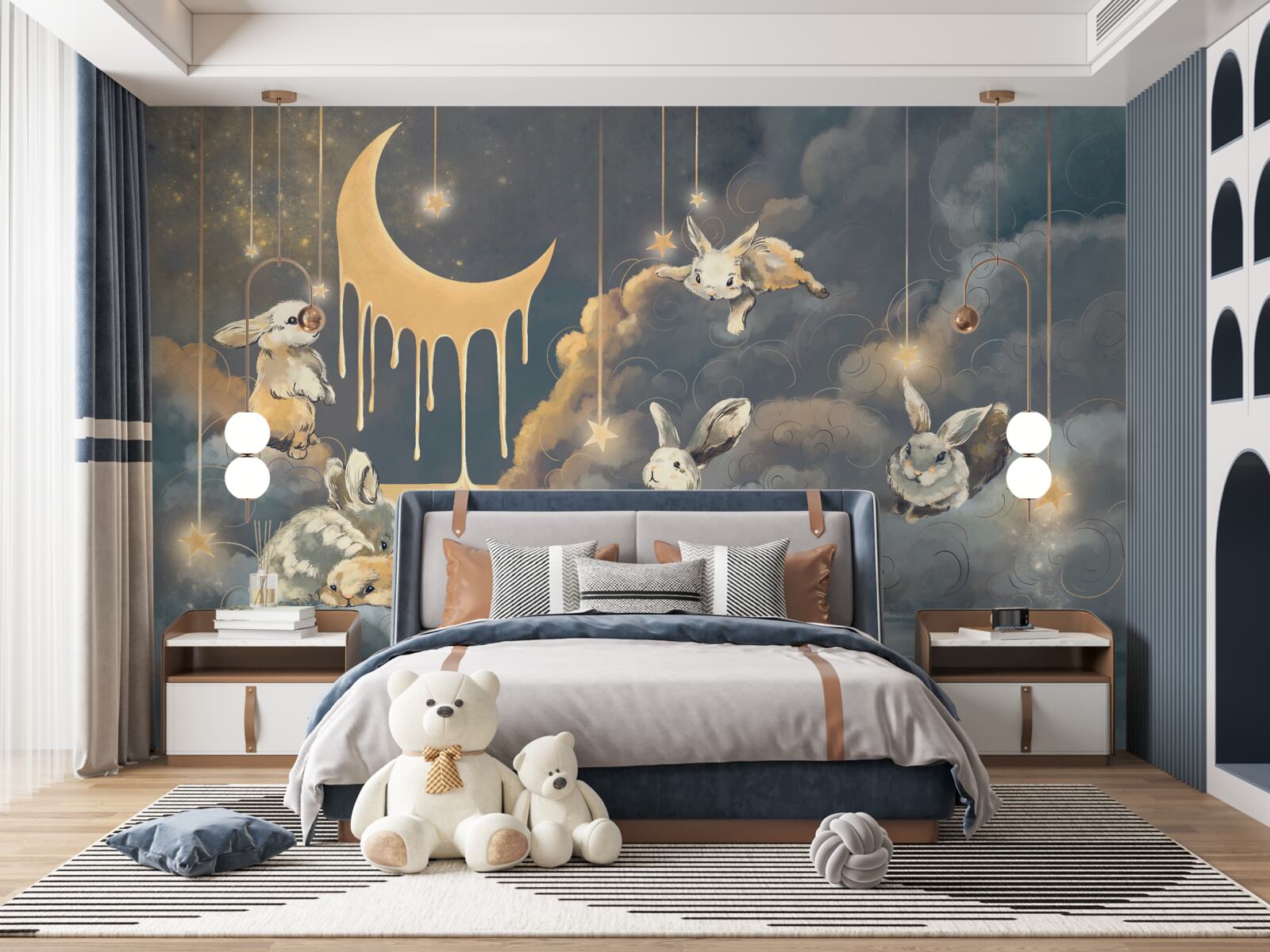 Fotobehang schattige konijntjes verschijnen in de nachtelijke hemel