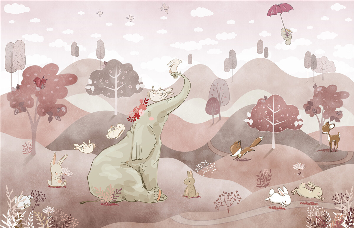 Fotobehang een babyolifant en hazen lopen door de weilanden